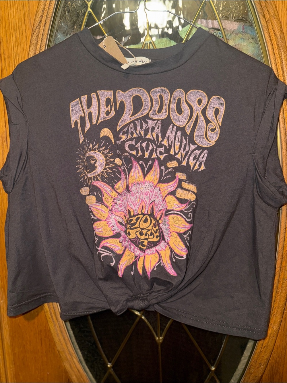 #1438 For Love Bell Black Crop Top with Pink & Yellow Sun Graphic